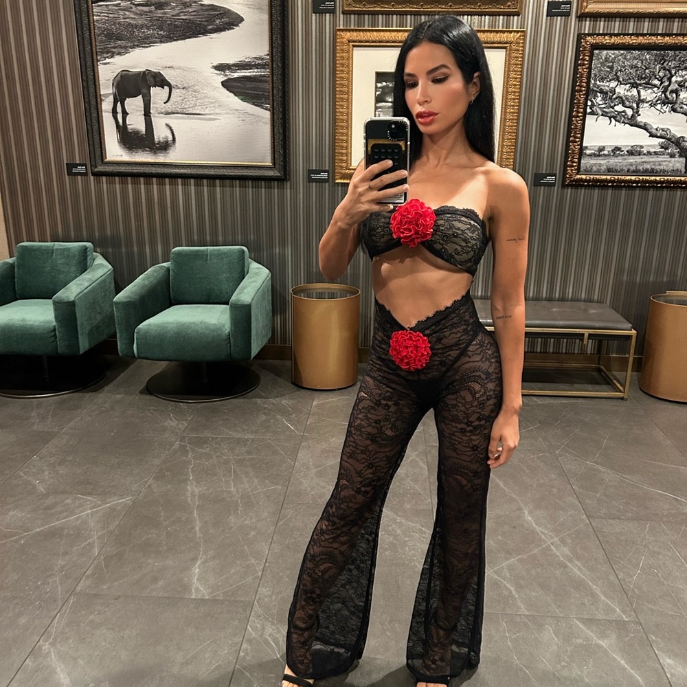 Black Lace Jumpsuit with Red Floral Accents